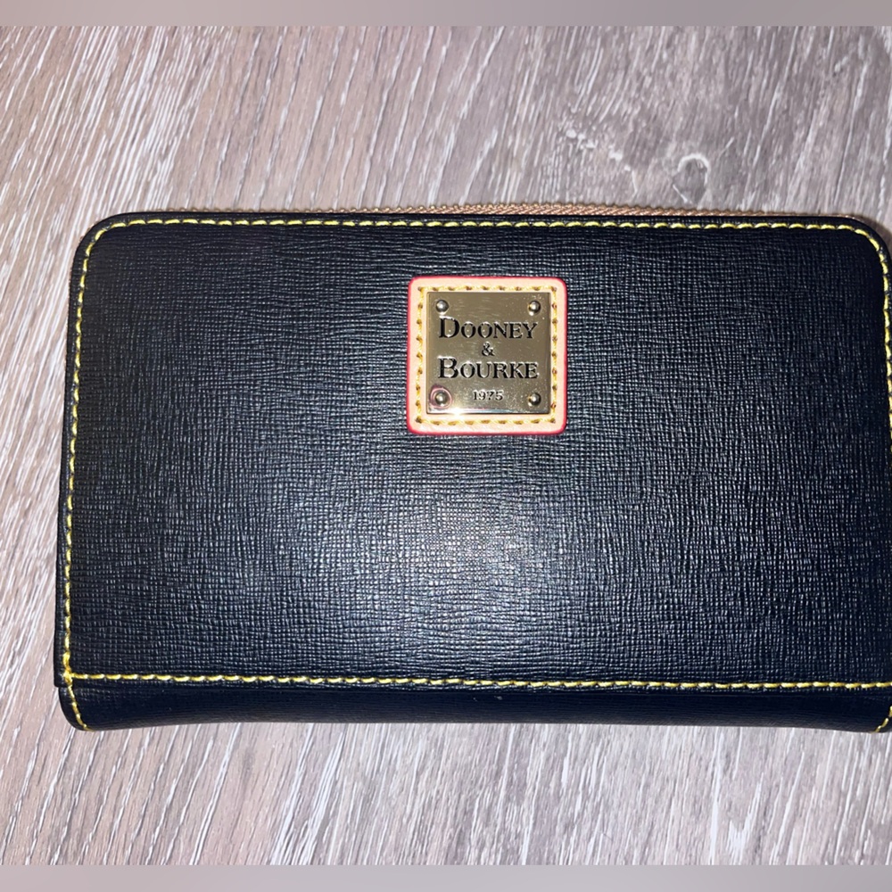 Dooney & Bourke Black Wallet with Yellow Stitching and Gold Logo